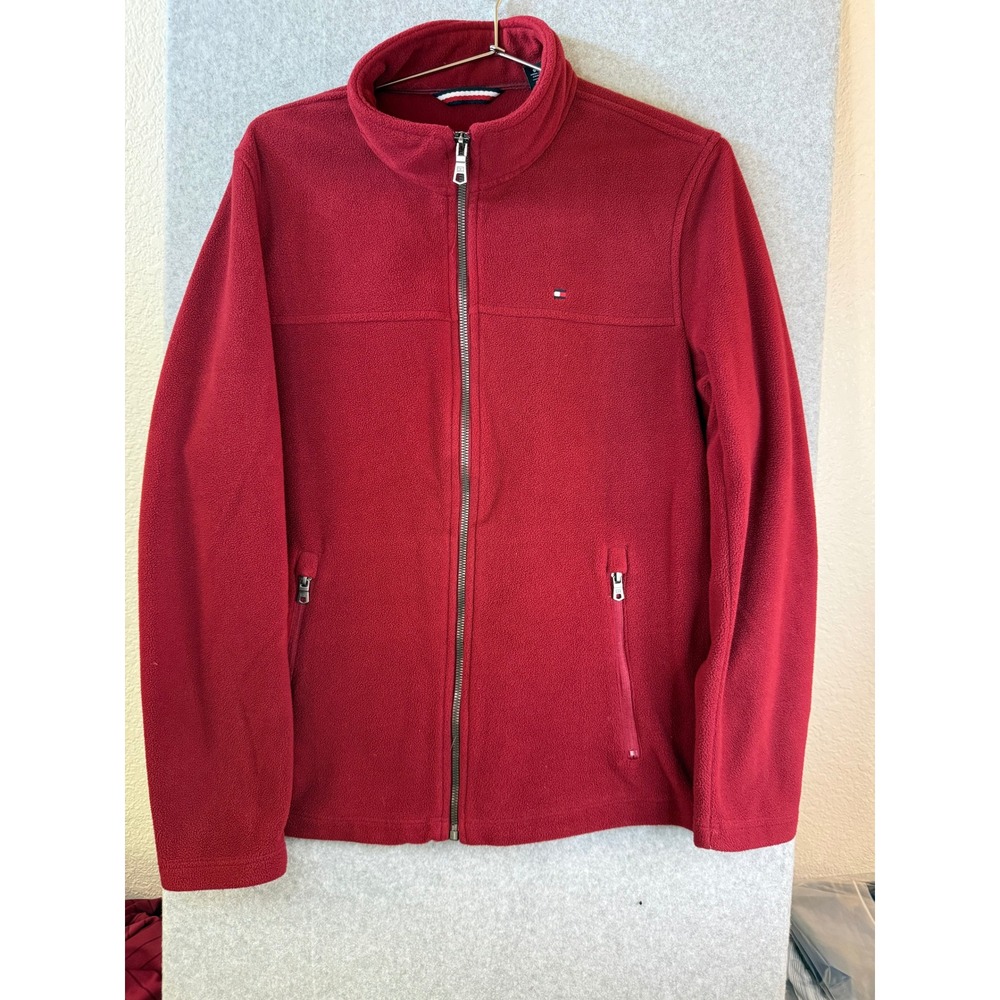 Tommy Hilfiger Mens Red Full Zip Fleece Jacket Mock Neck Small